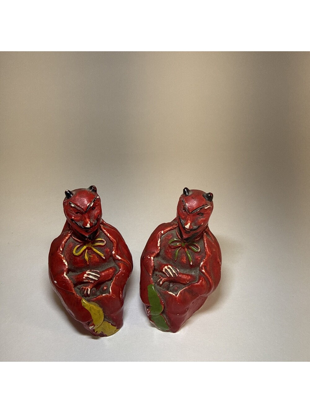 Vintage Red Devil Salt & Pepper Shakers Chalkware Halloween Pair 1930s–40s